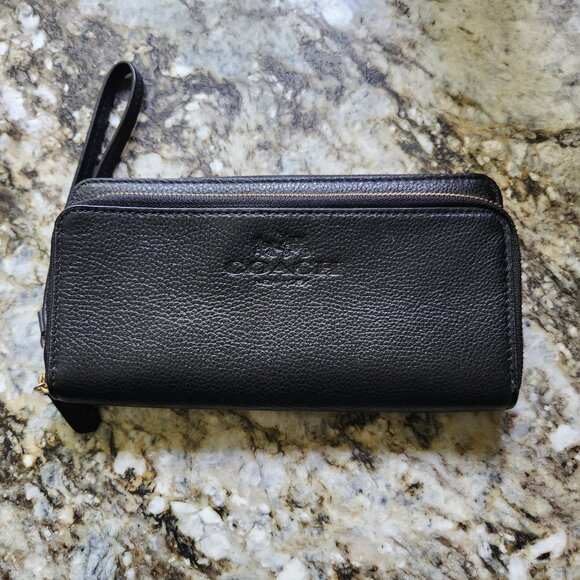 Coach Pebbled Leather Double‎ Accordian Zip Wallet Black NWT - Picture 1 of 10